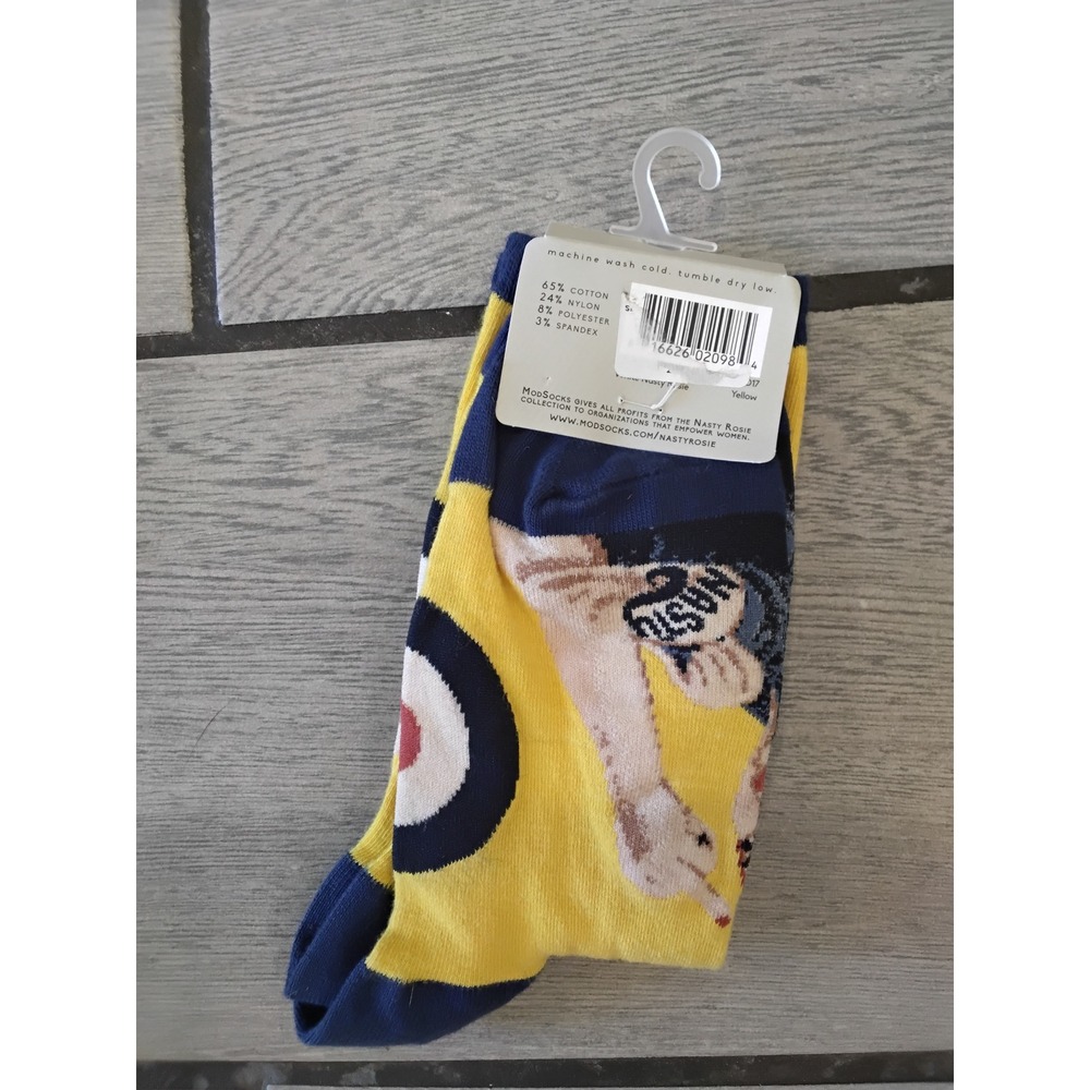 ModSocks Nasty Rosie Crew Socks Yellow Navy Rosie the Riveter Feminist Empower - Picture 2 of 2